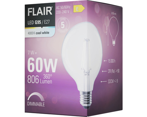 Verpakking van een dimbare Flair LED G95 E27 lamp met 806 lumen en 4000 Kelvin
