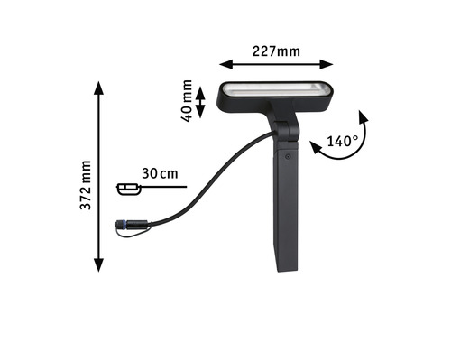 Afmetingen van een tuinlamp: 372 mm hoog, 227 mm breed, 40 mm diepe kop, 30 cm kabellengte, 140 graden draaibaar