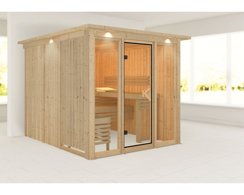 Houten sauna met glazen deur en zitbanken voor binnengebruik