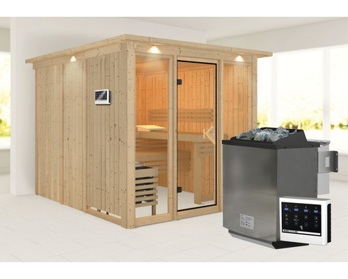 Houten sauna met kachel en bediening