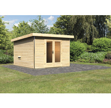Houten tuinhuis met dubbele deur buiten