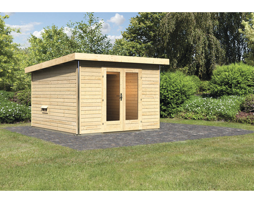 Houten tuinhuis met dubbele deur buiten