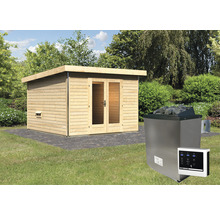 Tuinsauna met houten bekleding, glazen deur en saunakachel