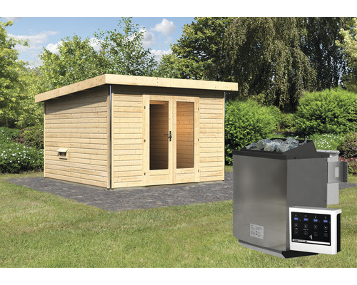 Buitensauna met saunaoven in de tuin