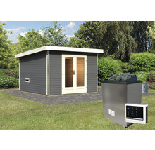 Tuinsauna met kachel en bediening buiten.
