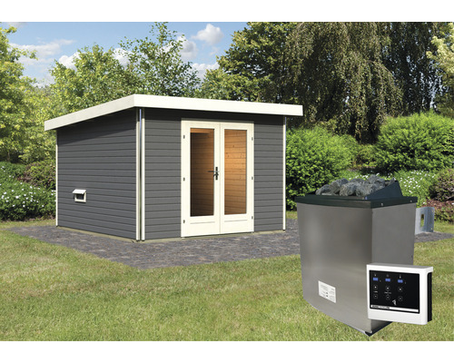 Tuinsauna met kachel en bediening buiten.