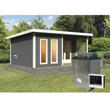 Buitensauna met saunakachel en digitale bediening in de tuin