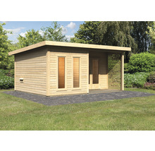 Houten tuinhuis met plat dak, ramen, deur en overdekt terras