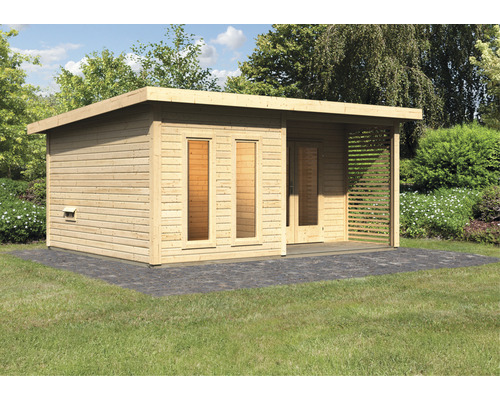 Houten tuinhuis met plat dak, ramen, deur en overdekt terras