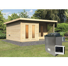 Tuinsauna met saunakachel en bediening in de tuin