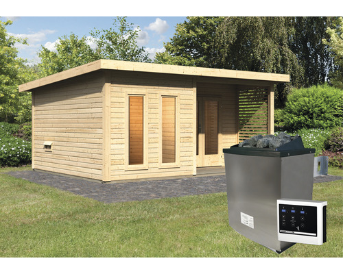 Tuinsauna met saunakachel en bediening in de tuin