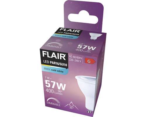 Verpakking van een dimbare Flair ledlamp PAR16/GU10 met 7 watt, 57 watt equivalent, 400 lumen en 6500 kelvin koud wit