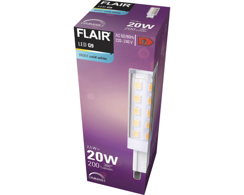 Verpakking van een dimbare Flair LED G9 lamp met 6500 Kelvin koud wit licht