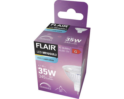 Verpakking van een Flair LED lamp MR16/GU5.3, 4,7 watt komt overeen met 35 watt, 345 lumen, dimbaar