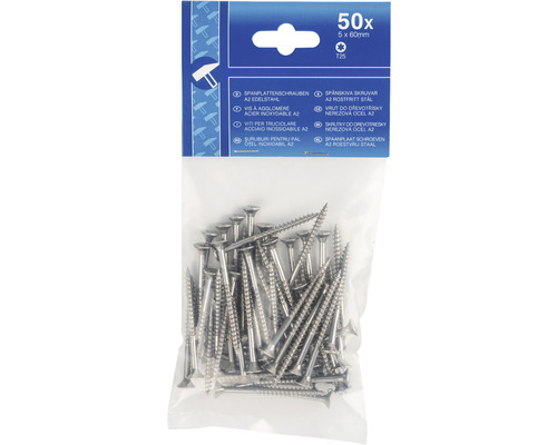 Spaanplaatschroeven A2 roestvrij staal, 50 stuks, 5 x 60 mm
