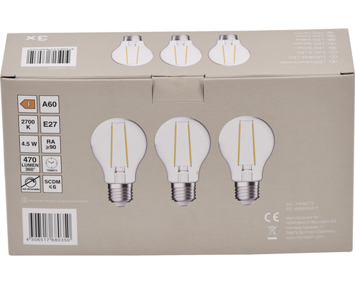 Verpakking met drie LED lampen A60, E27, 4,5 watt, 470 lumen