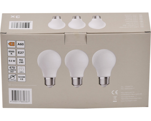 Verpakking met drie ledlampen A60, E27 fitting, 4,5 watt, 470 lumen
