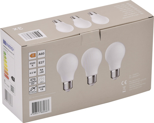 Verpakking met drie LED-lampen, fitting E27, vorm A60