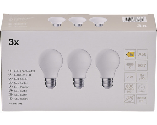 Verpakking met drie LED lampen E27 7 watt
