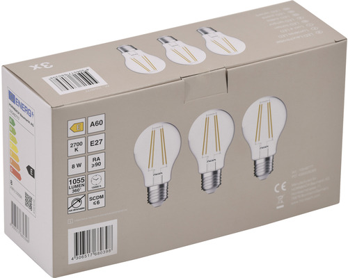 Verpakking met drie E27 LED lampen met 8 watt vermogen
