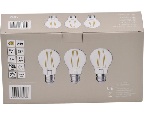 Verpakking met drie LED lampen A60, E27, 8 Watt