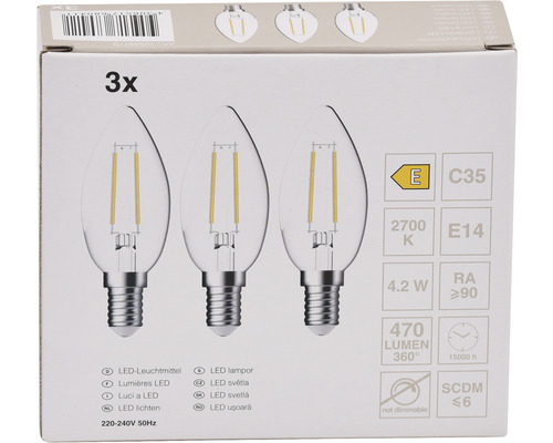 Verpakking van drie druppelvormige ledlampen met E14 fitting