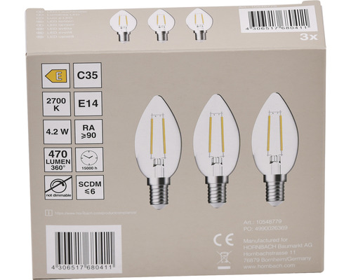 Verpakking met drie LED-lampen, fitting E14, 4,2 watt, 470 lumen, 2700 kelvin, niet dimbaar
