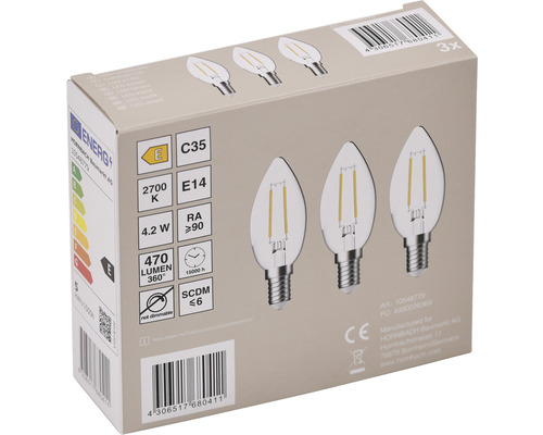 Verpakking met drie ledlampen in kaarsvorm, fitting E14, niet dimbaar.