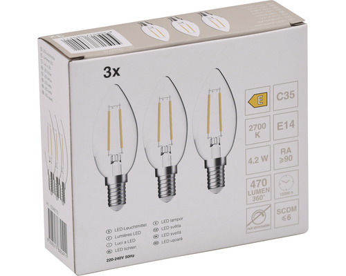 Verpakking van drie LED-lampen in druppelvorm, fitting E14, 4,2 watt
