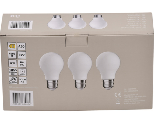 Verpakking met drie ledlampen, E27 fitting, 8 watt, 1055 lumen