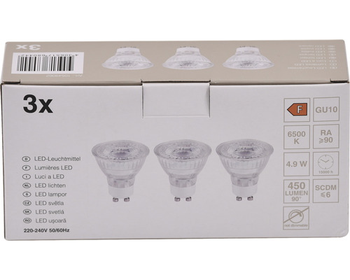 Verpakking met drie LED lampen met GU10 fitting