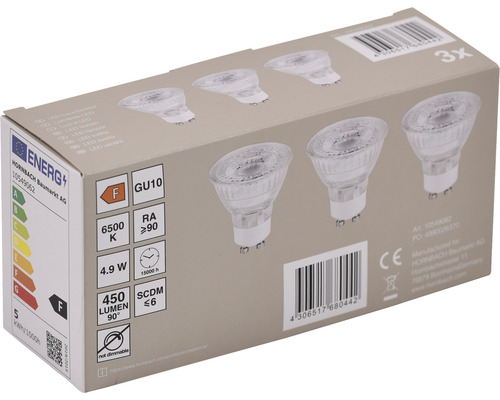 Verpakking met drie LED-lampen GU10, 4,9 watt