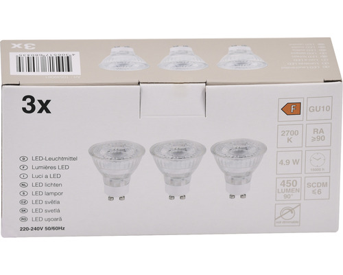 Verpakking van drie ledlampen met GU10 fitting