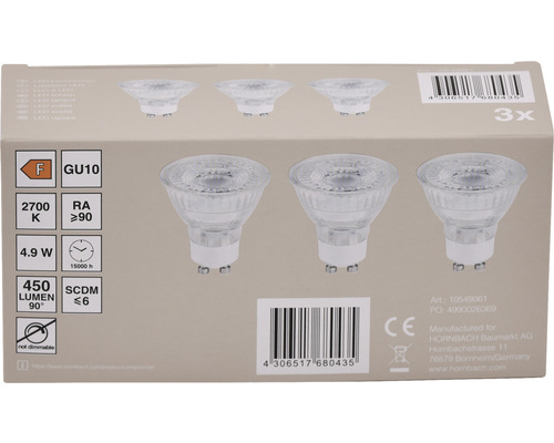Verpakking met drie GU10 LED lampen, energie-efficiëntieklasse F, 4.9 Watt, 2700 Kelvin, niet dimbaar