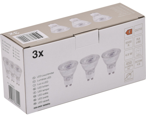 Verpakking met drie GU10 LED-lampen