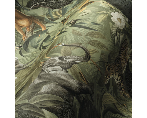 Behang met jungle-motief met olifant, aap, vogel en roofkat