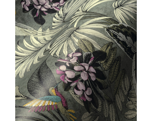 Behang met jungle-, bloemen- en vogelmotief