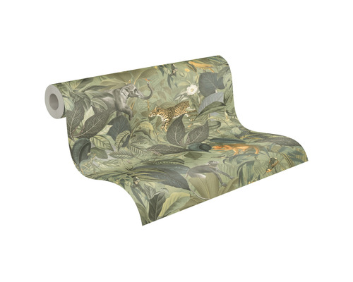 Rol behang met jungle motief met olifant, luipaard, apen, bladeren en planten