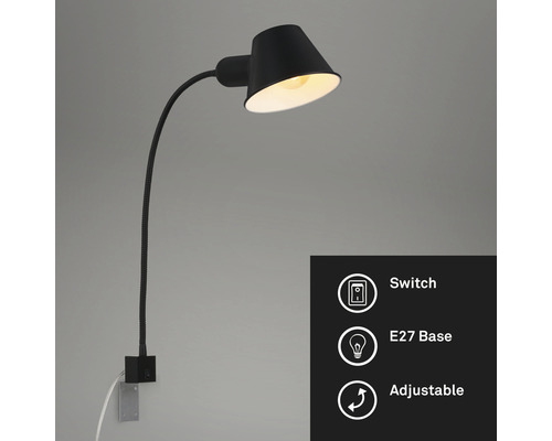 Draaibare, zwarte wandlamp met E27 fitting en schakelaar