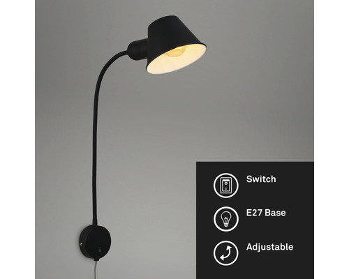 Zwarte wandlamp met E27 fitting, schakelaar en verstelbare arm