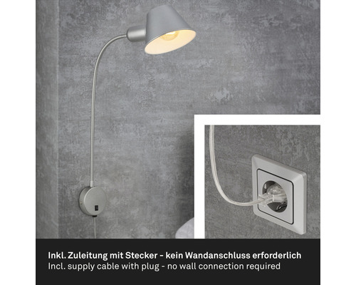 Zilveren wandlamp met flexibele arm en stekker