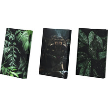 Drie canvas schilderijen met plantmotieven en luipaardmotief