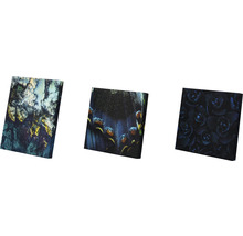 Drie canvas schilderijen met verschillende motieven: rotsen, vlinder, rozen