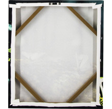 Achterkant van een canvas met houten frame en ophangsysteem