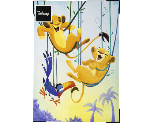 Disney Logo. Illustratie met Simba, Nala en Zazu aan lianen voor palmbomen.