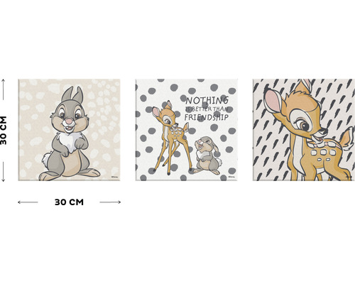 Driedelige wanddecoratieset met Bambi en Stampertje, elk 30 bij 30 centimeter