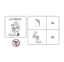 Montage-instructie voor klemhouder, circa 6 tot 30 millimeter, inclusief plakstrips, twee stuks