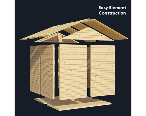 Explosietekening van een tuinhuis met eenvoudige elementconstructie