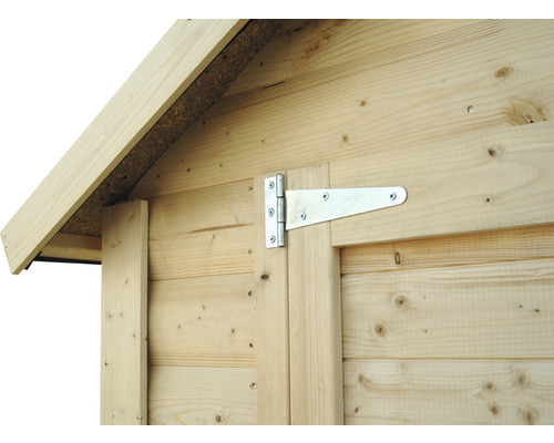 Detailopname van een houten tuinhuis met een T-scharnier op de deur