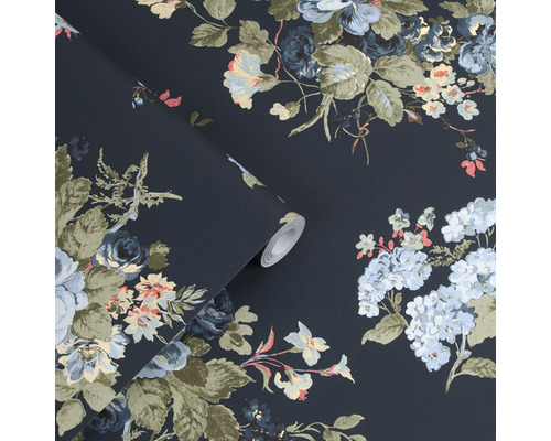 Behang met bloemmotief op een donkere achtergrond